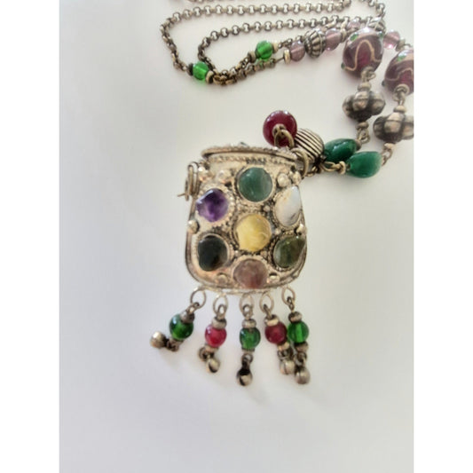 Vintage Tribal Afghan Kuchi Silver-tone Agate Purse Necklace