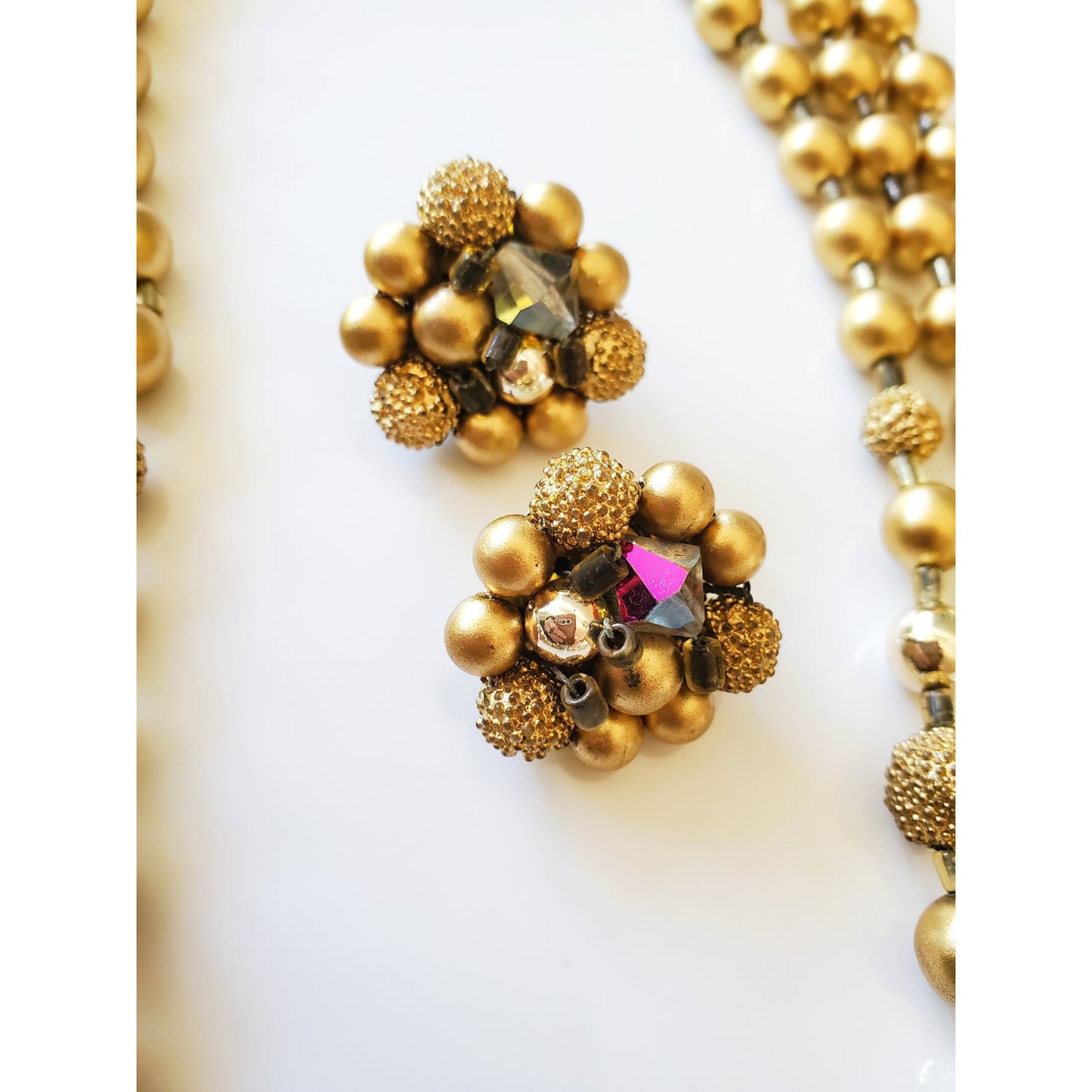 Vintage Japan Multi Tier Gold Tone Necklace and Earring Set