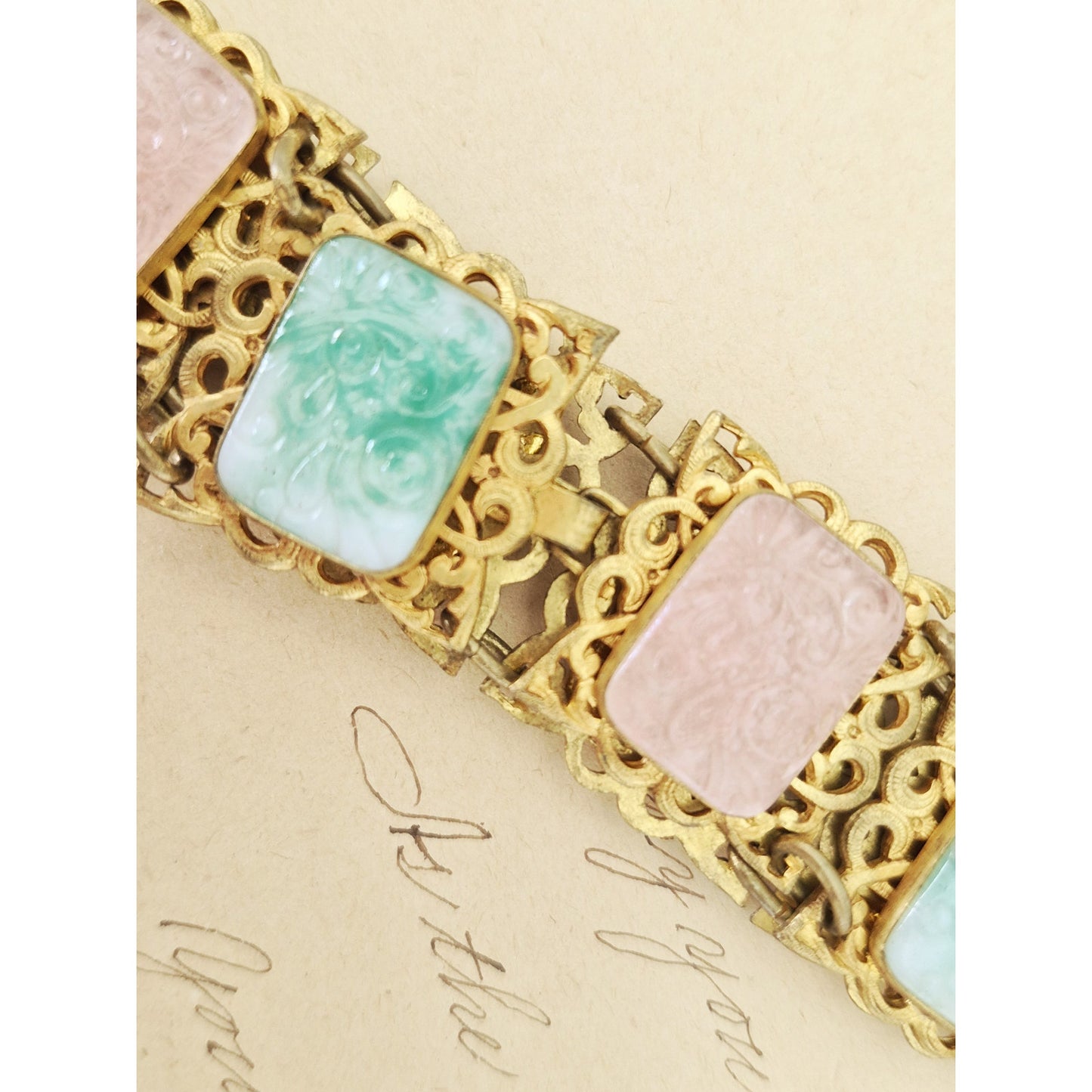 Vintage MCM Brass Faux Jade and Rose Quartz Filigree Panel Bracelet