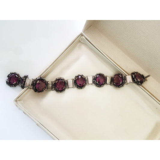 Vintage Sterling Silver Amethyst Ornate Bracelet