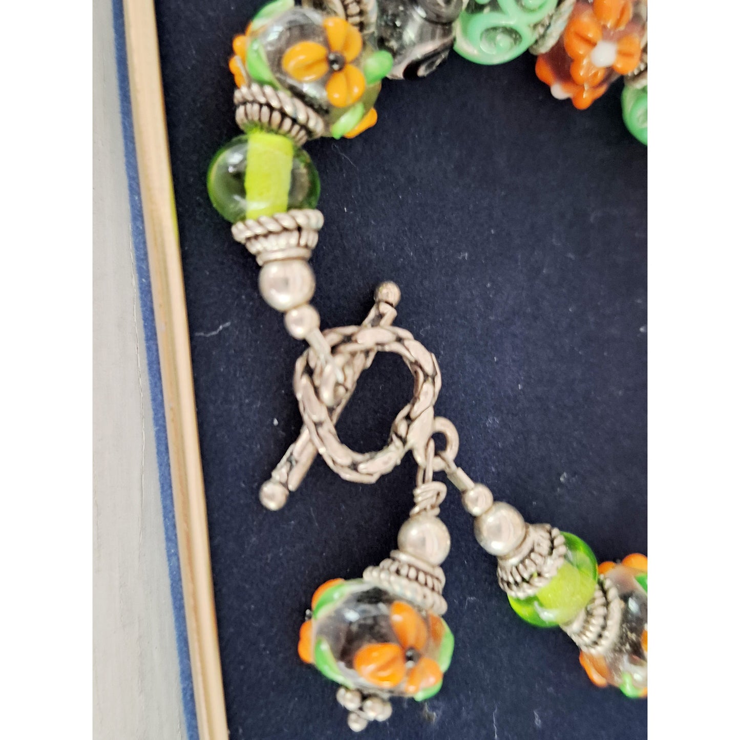 Vintage Artisan Green and Orange Lampwork glass Bead Toggle Clasp Bracelet