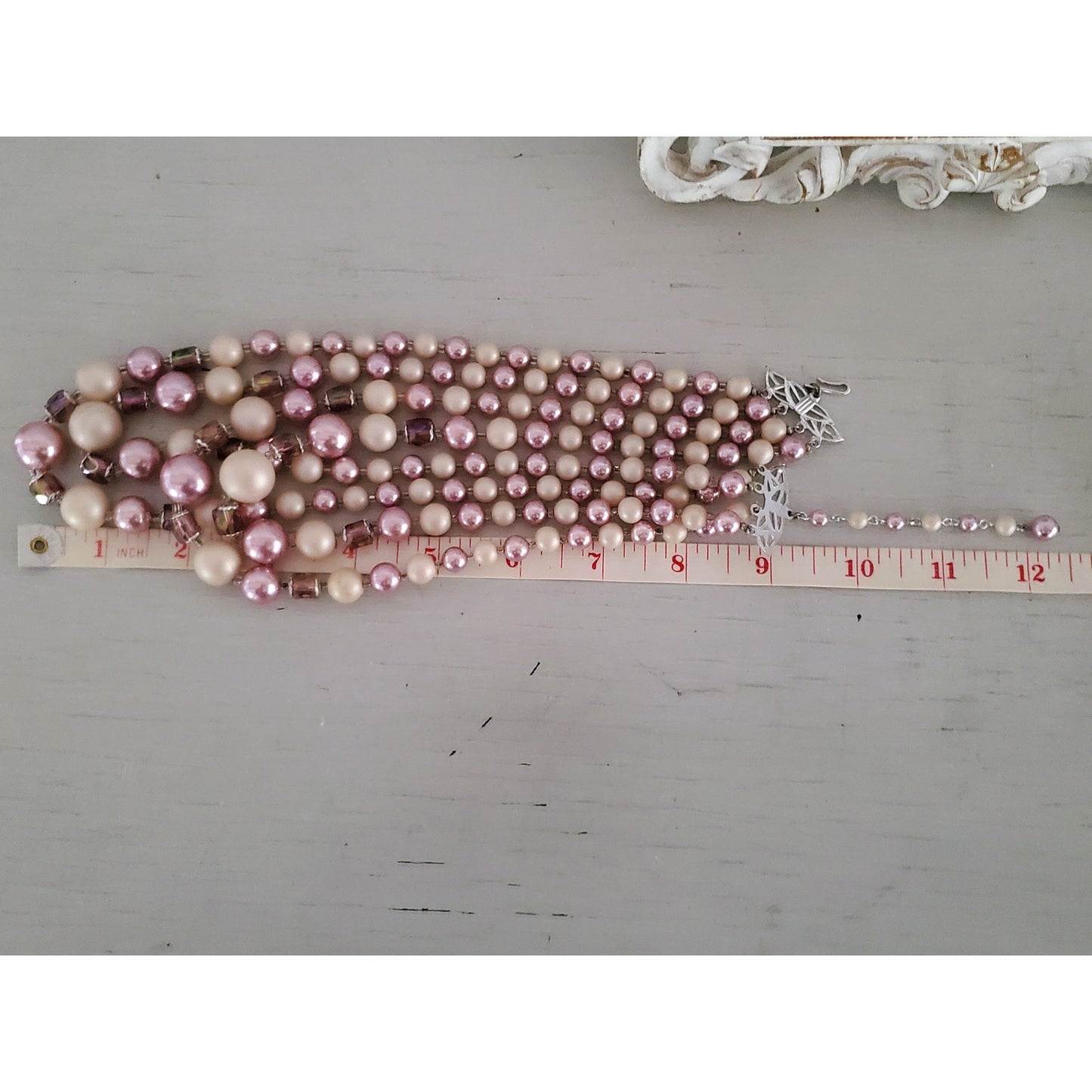 Vintage 4 Strand Hong Kong Lavender & Cream Acrylic Graduated Bead Necklace