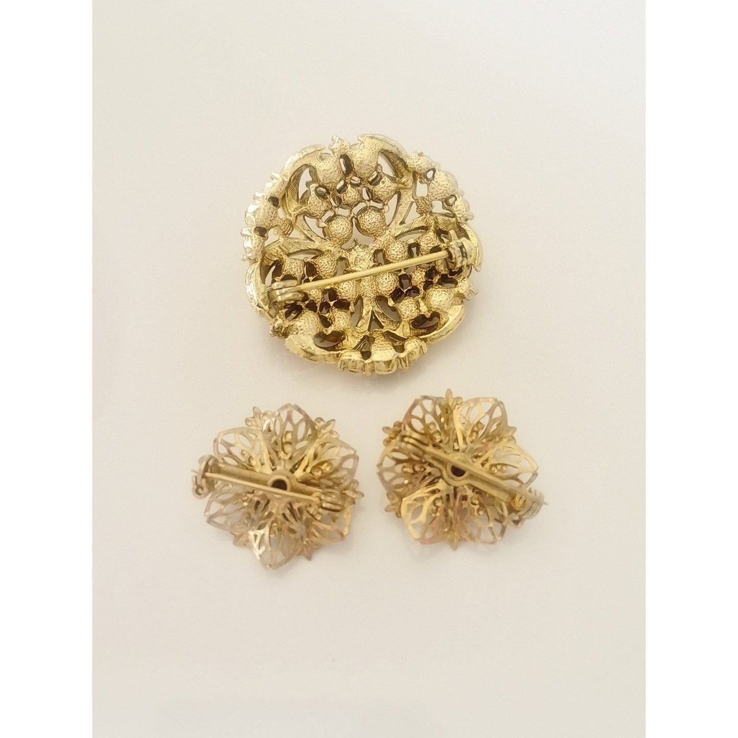 Vintage MCM Amber and Brown Rhinestone Brooch and Earring Set