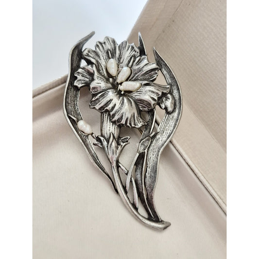 Vintage Large JJ Silver-tone Seed Pearl Floral Brooch