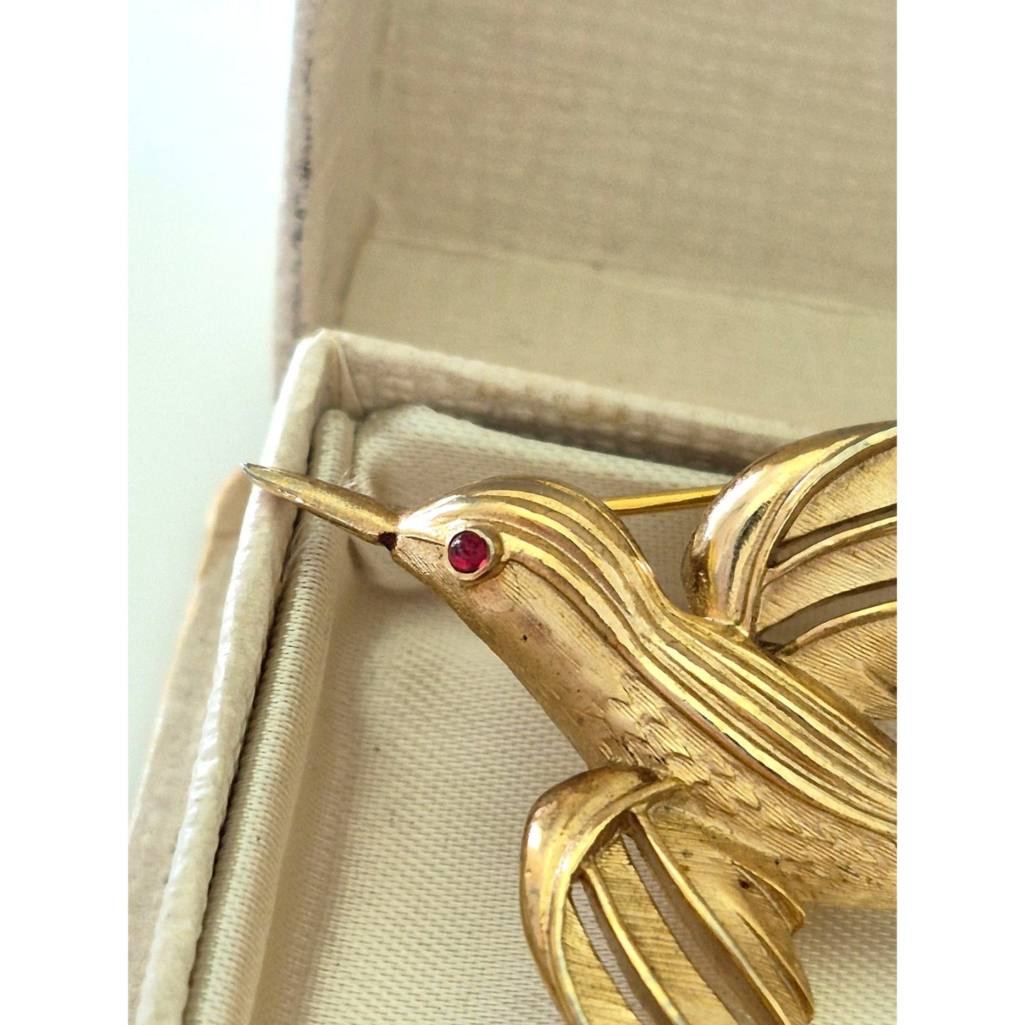 Vintage MCM Crown Trifari Brushed Gold-tone Red Glass Eye Flying Bird Pin Brooch