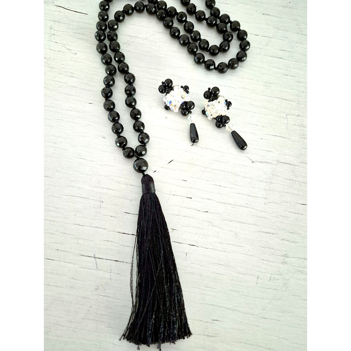 OKIKO Japan Black Bead Hand Knotted Tassel Necklace with Earrings
