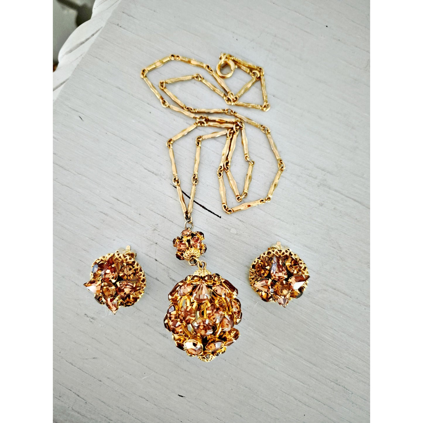 Vintage 1970s Citrine Crystal Orb Lariat Gold Plated Necklace and Earring Set