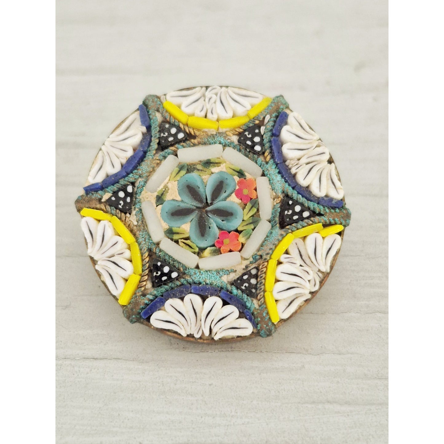 Vintage Antique C-Clasp White and Blue Micro Mosaic Tile Brooch Pin