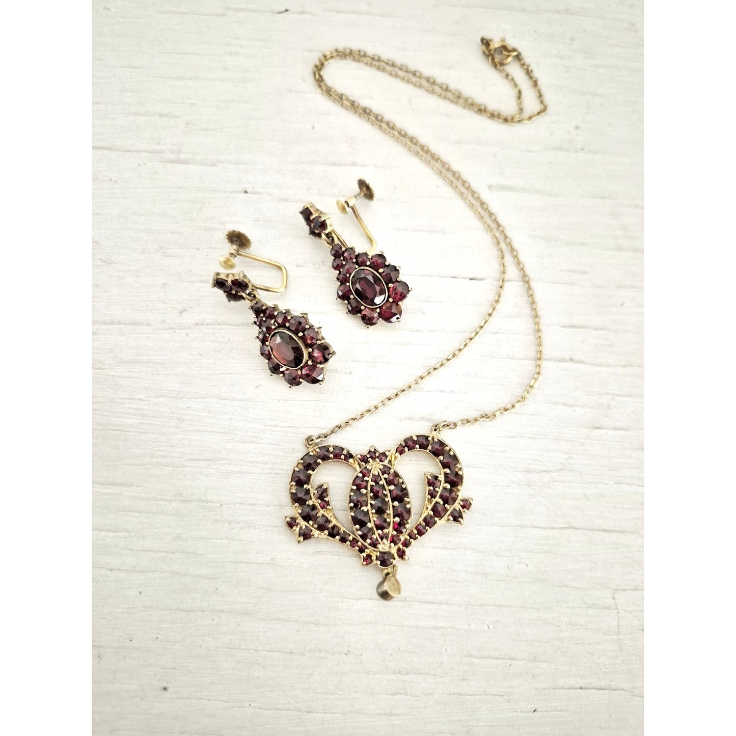Vintage 900 Sterling Silver Bohemian Garnet Necklace and Earring Lot