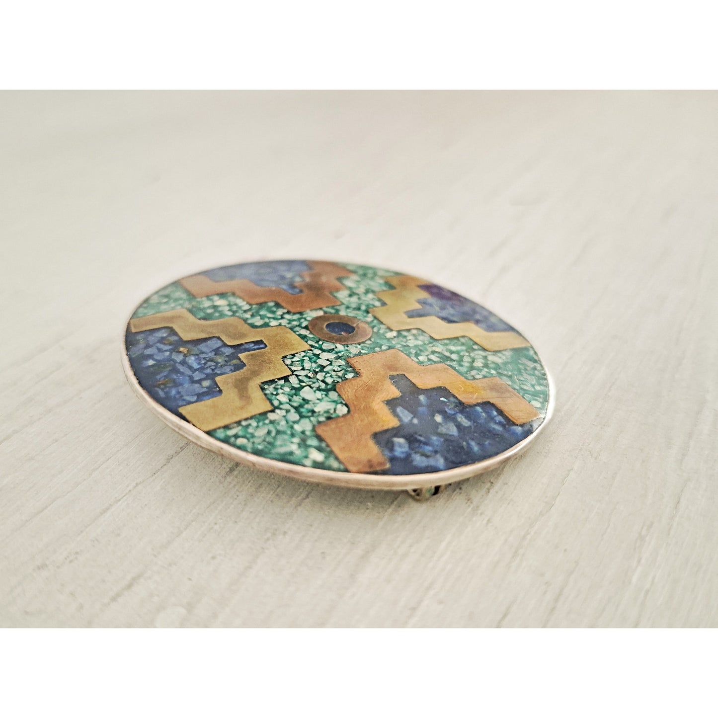 Vintage Sterling Silver Crushed Turquoise Blue, Azul & Malachite Mosaic Brooch