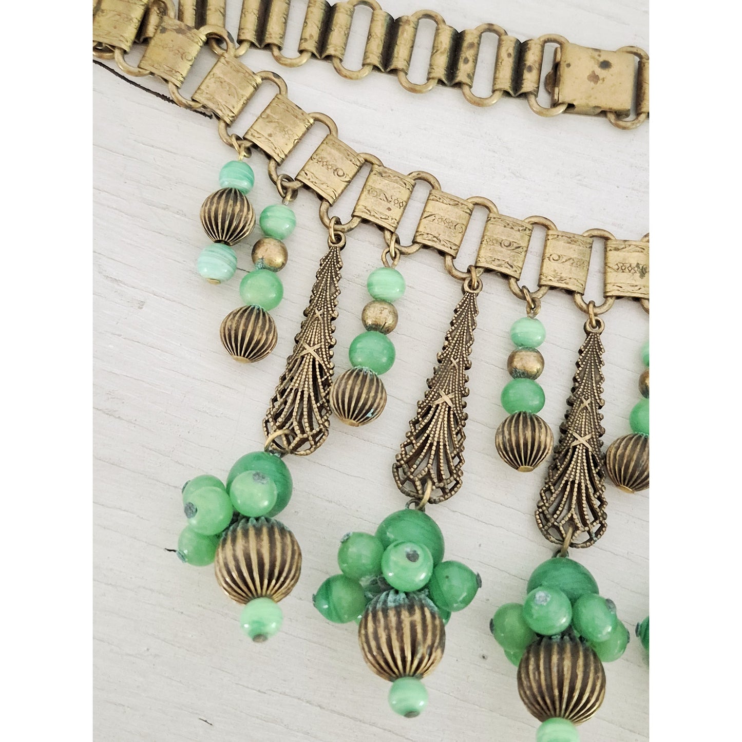 Antique Vintage Art Deco Book Chain Czech Glass Filigree Dangle Collar Necklace