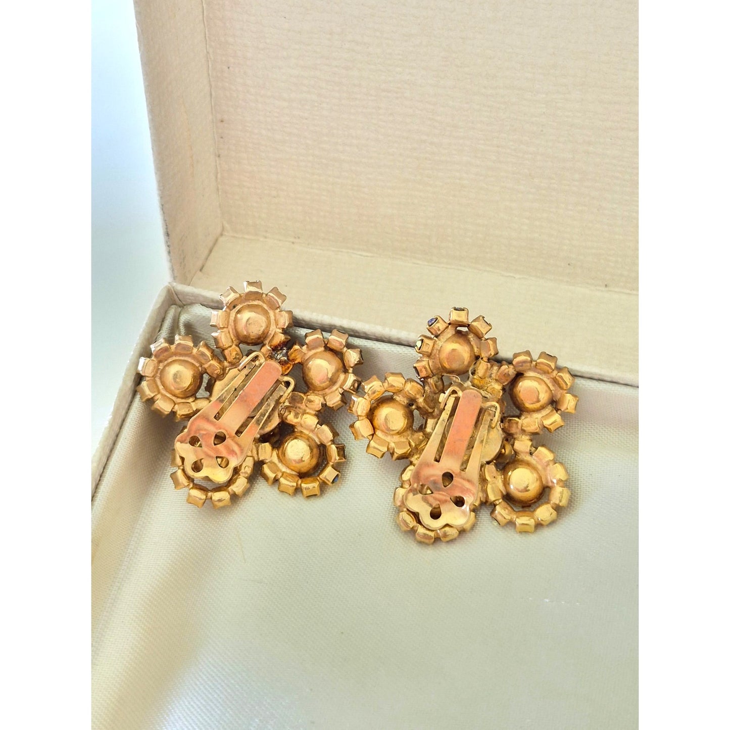 Vintage 1950s AB Rhinestone Flower Clip On Style Earrings