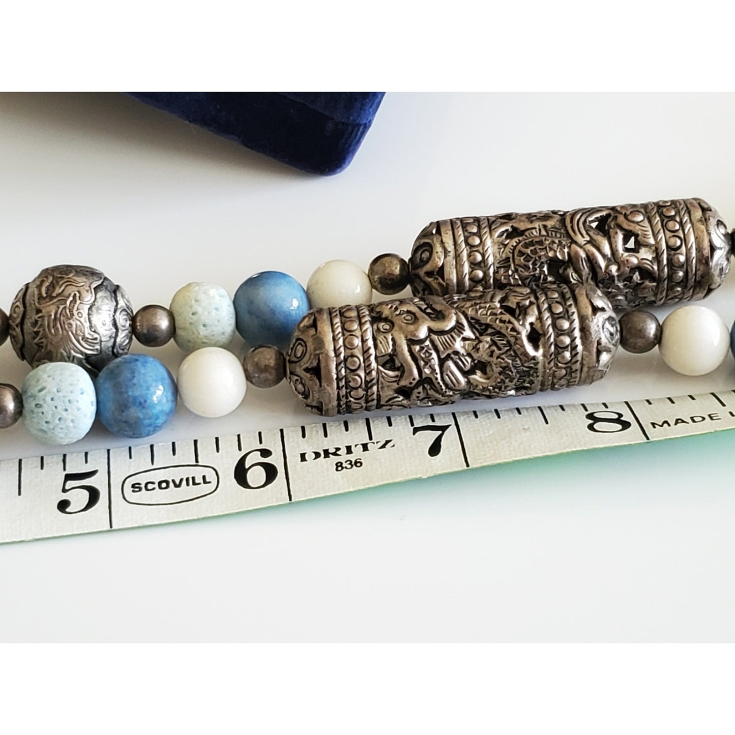Vintage Blue, White and Silver Large Beaded Necklace