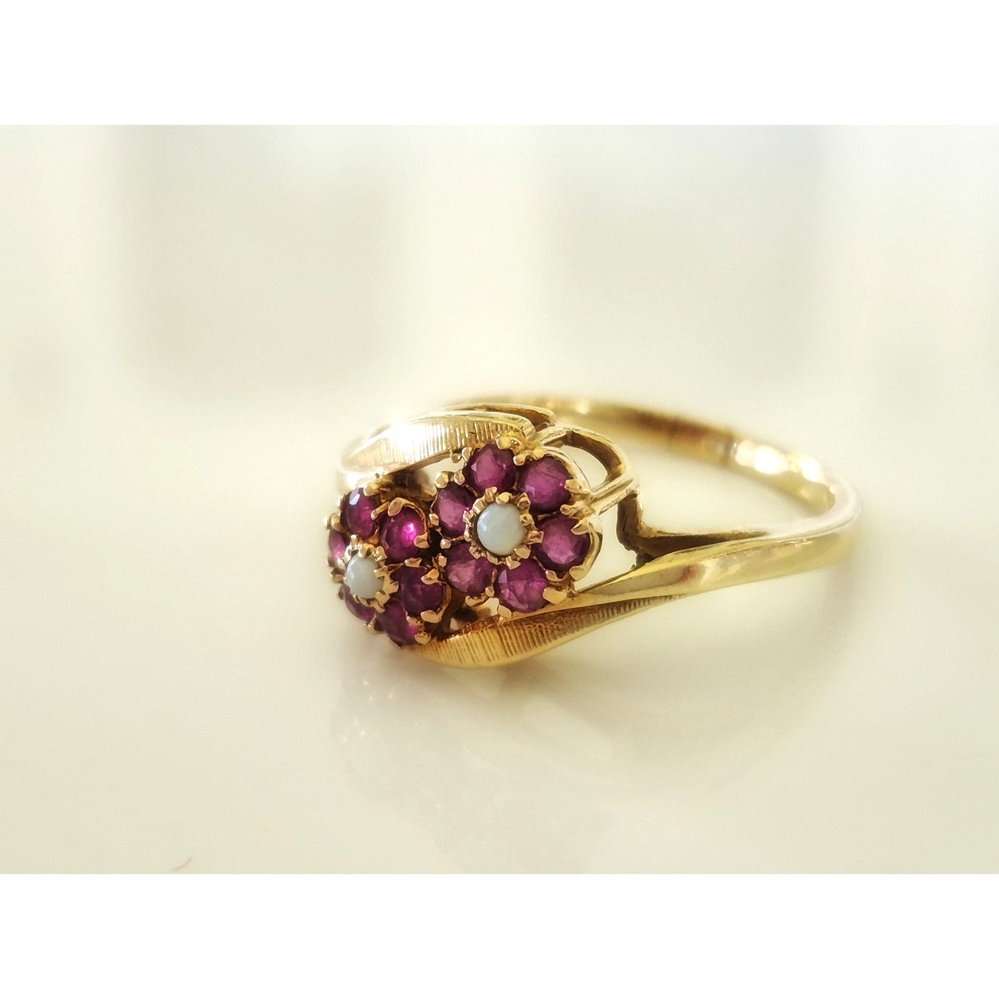 Vintage 10K Gold Ruby and Opal Floral Bypass Ring
