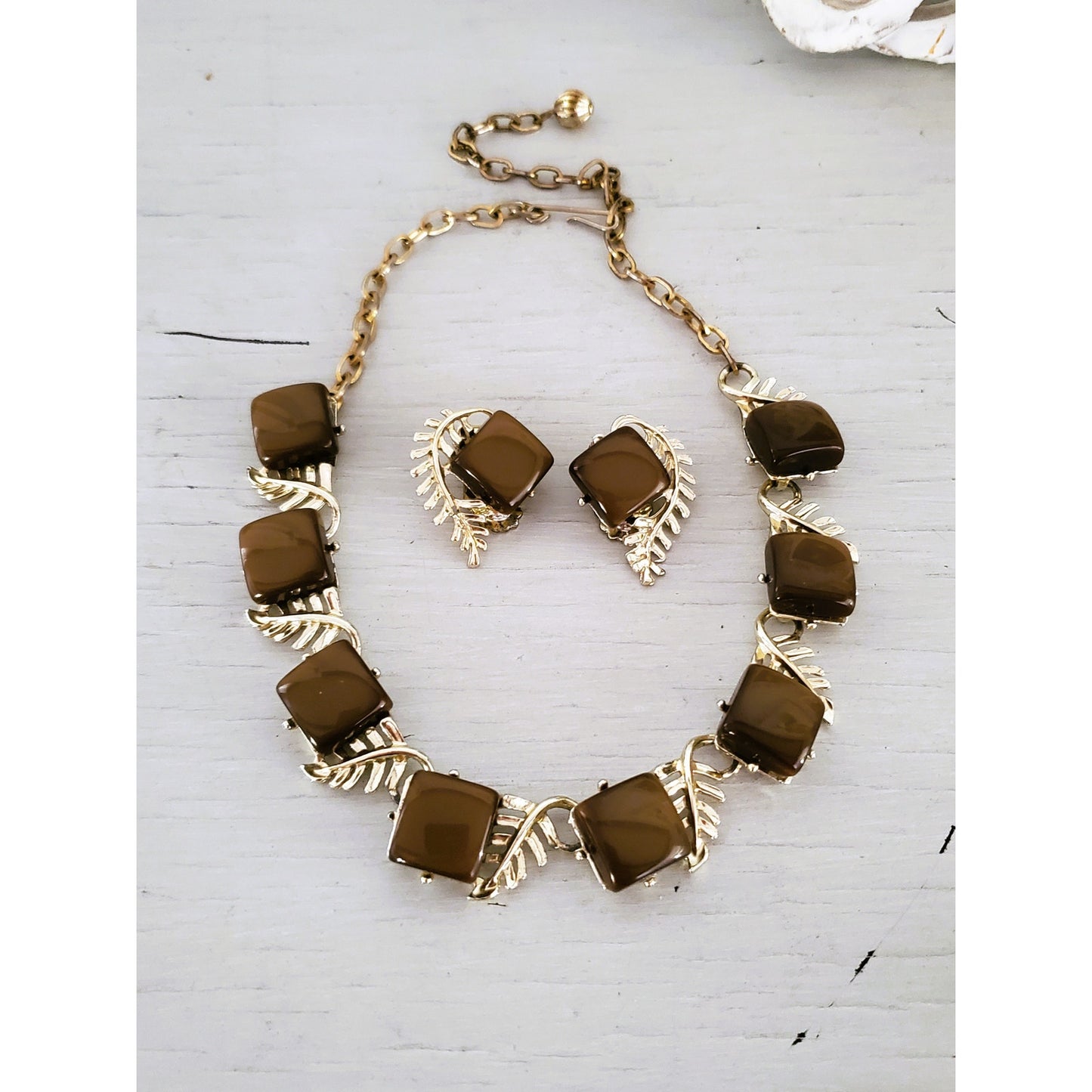 Vintage Thermoset Moonglow Chocolate Brown Necklace and Earrings Jewelry Set