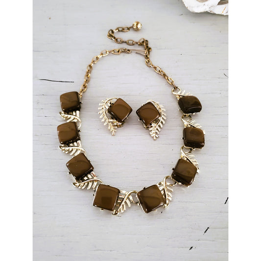 Vintage Thermoset Moonglow Chocolate Brown Necklace and Earrings Jewelry Set