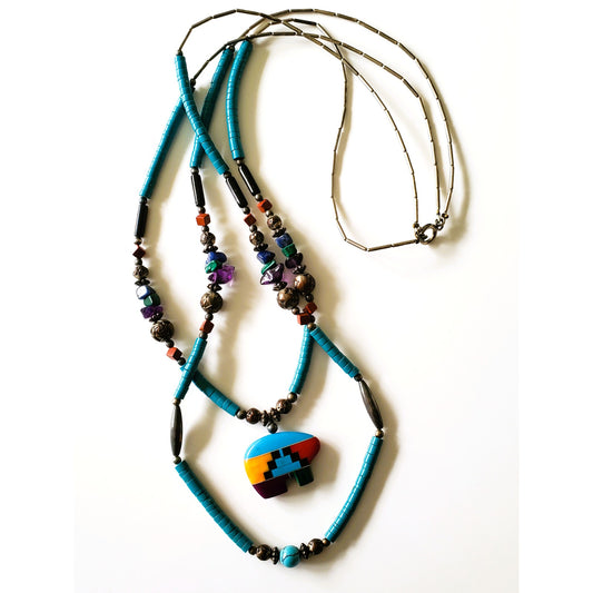 Vintage Native American Multi Stone Double Strand Inlay Bear Necklace