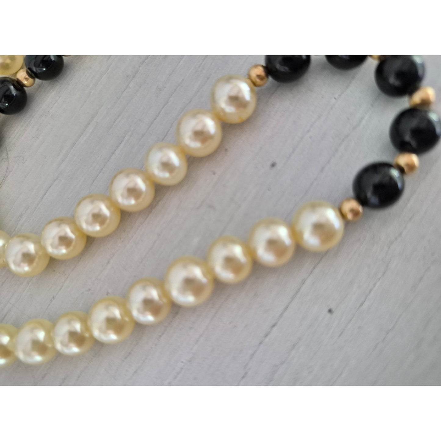 Vintage Faux Pearl Black Beaded Necklace with Sterling Silver Filigree Box Clasp