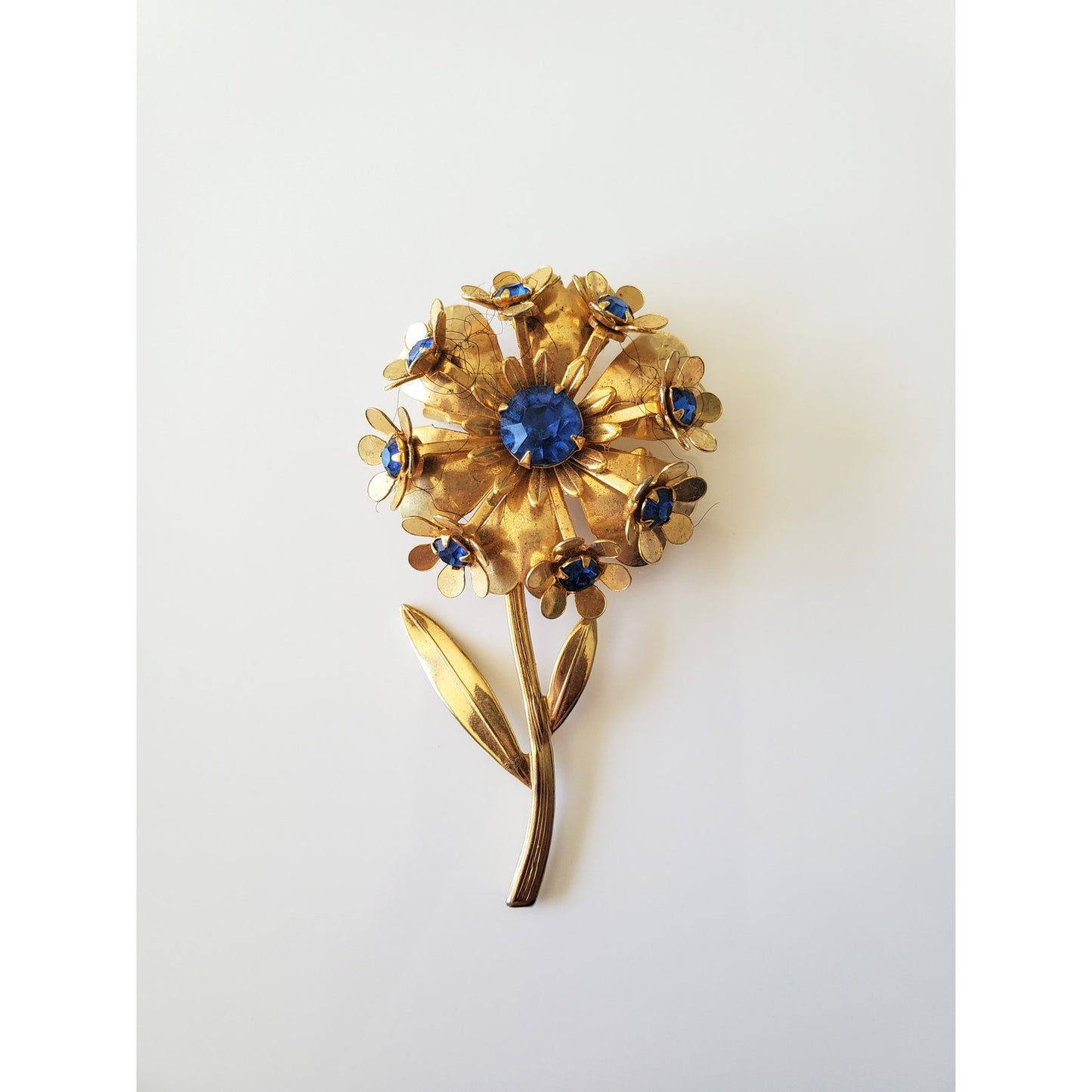 Vintage Gold-tone Blue Rhinestone Brooch