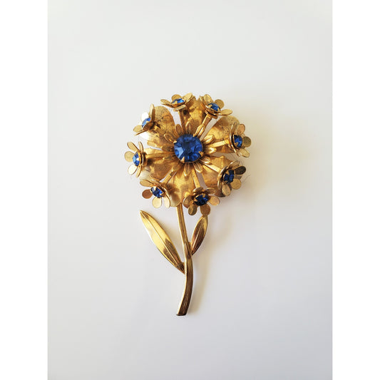 Vintage Gold-tone Blue Rhinestone Brooch