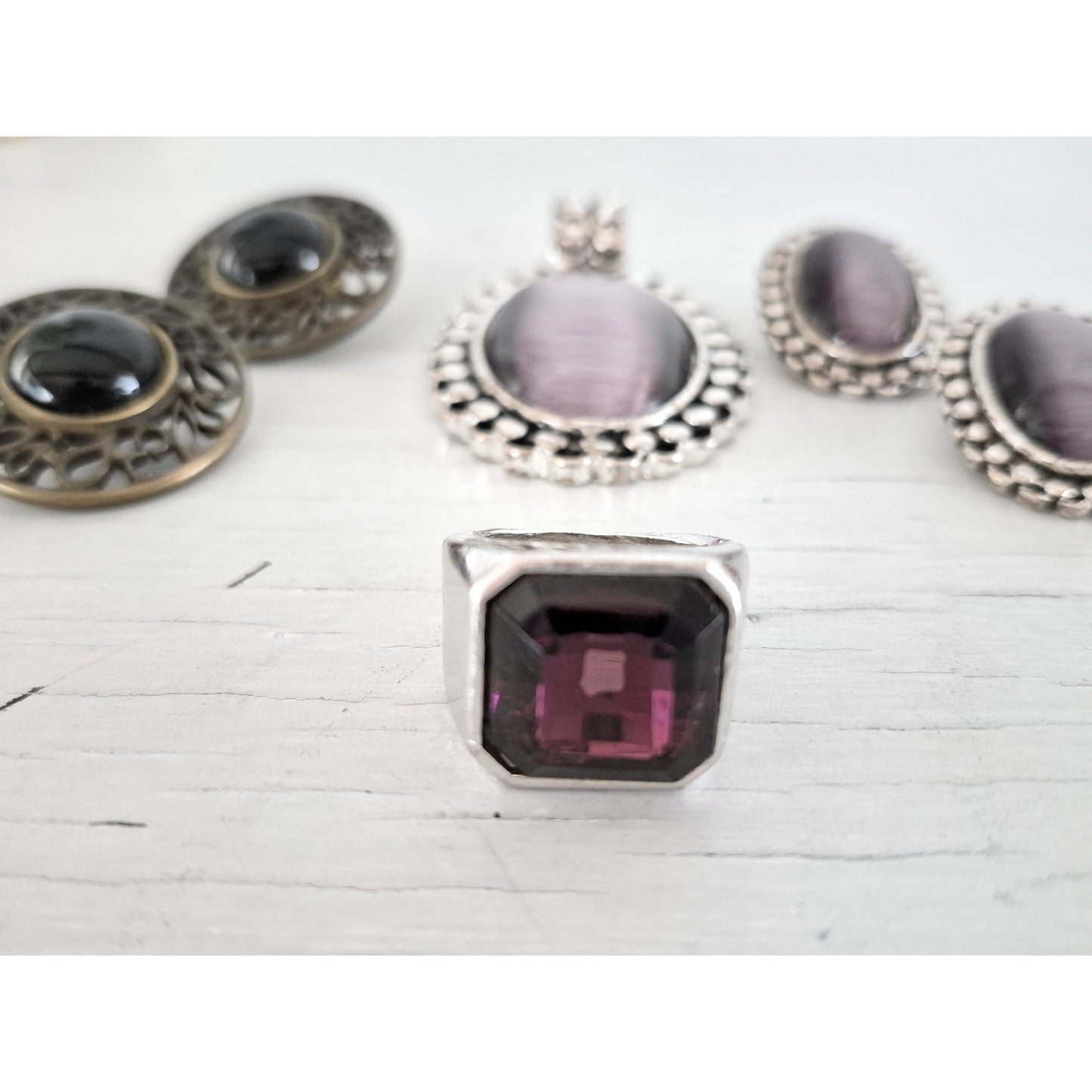 Vintage Silver-tone and Purple Stone Jewelry Lot