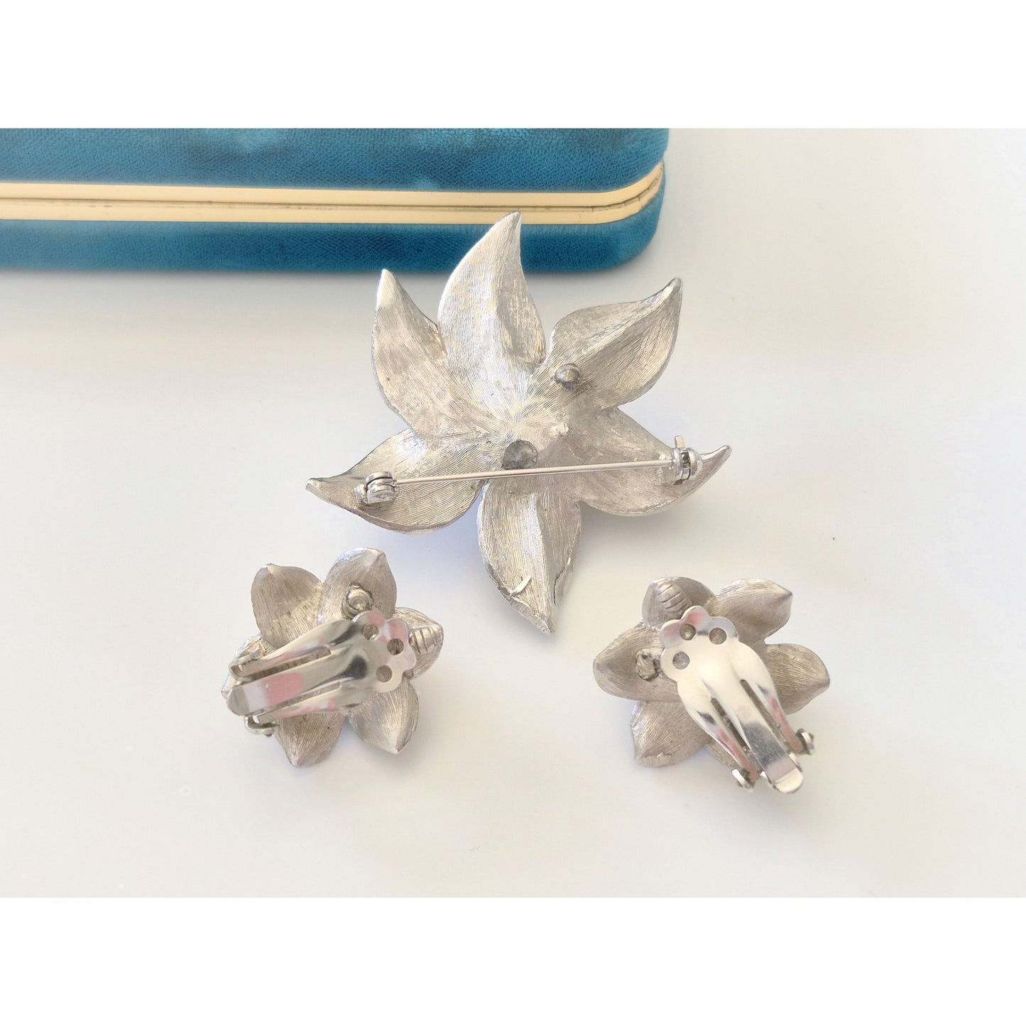 Vintage Brushed Silver-tone Floral Brooch and Earring Set