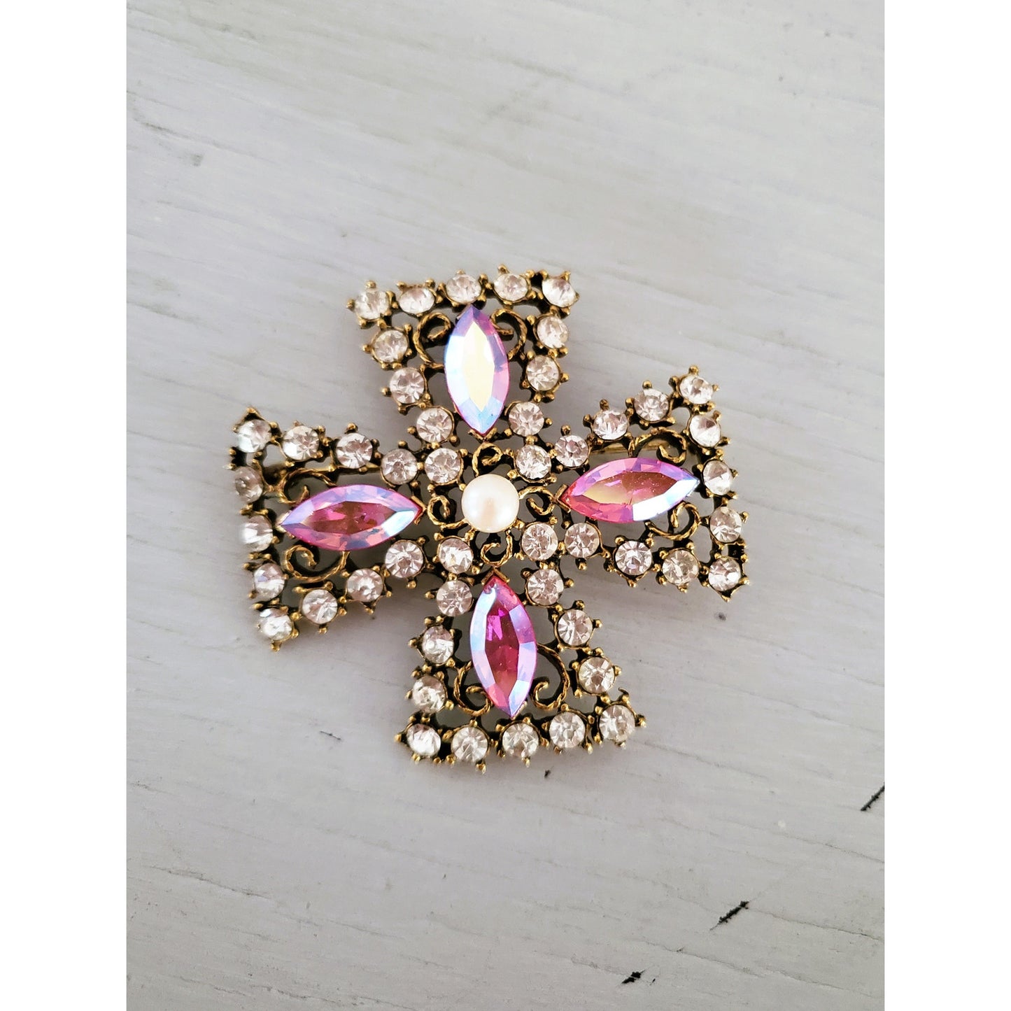 Vintage Large Pink and Clear Rhinestone Maltese Cross Brooch