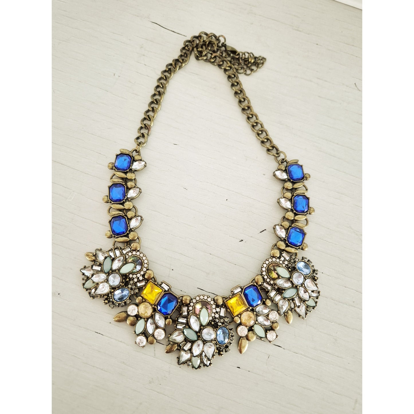Vintage Blue White and Yellow Rhinestone Statement Necklace