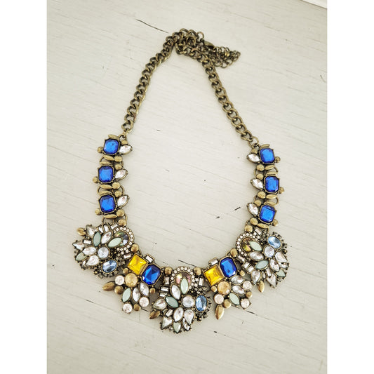 Vintage Blue White and Yellow Rhinestone Statement Necklace