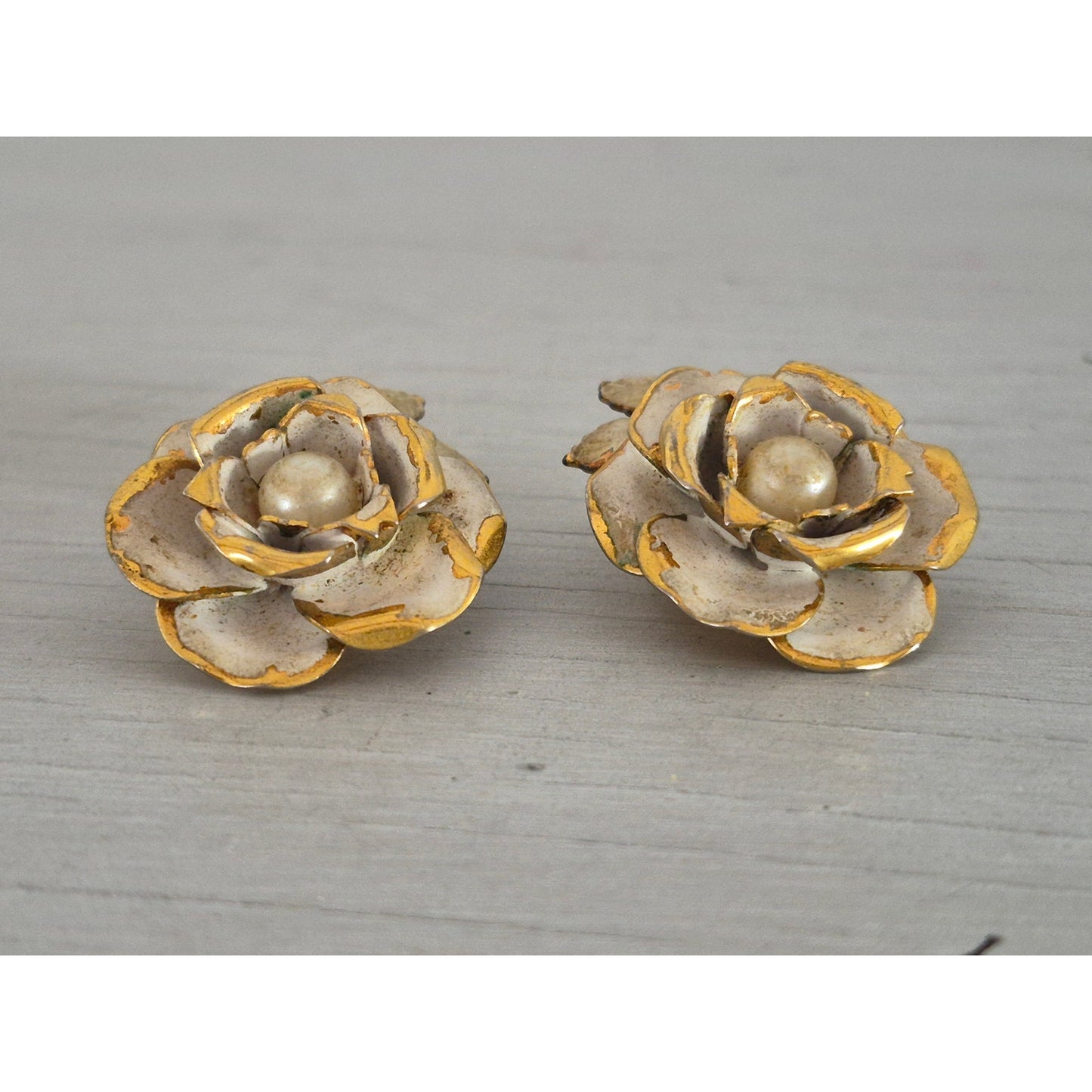 Vintage MCM White Enamel White Rose Faux Pearl Clip On Earrings