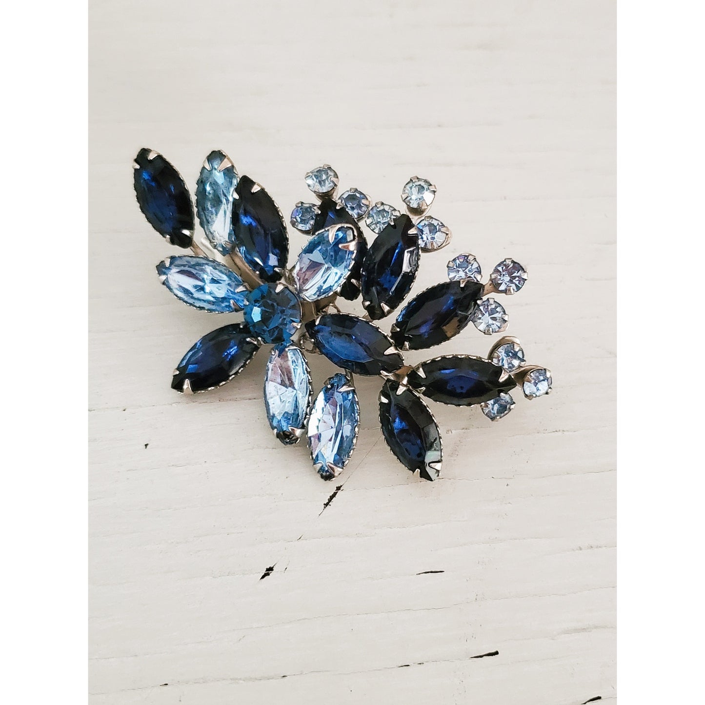 Vintage Large Blue and Silver Glass Rhinestone Brooch