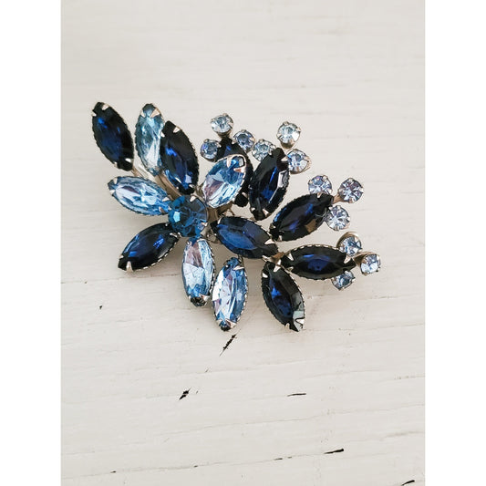 Vintage Large Blue and Silver Glass Rhinestone Brooch