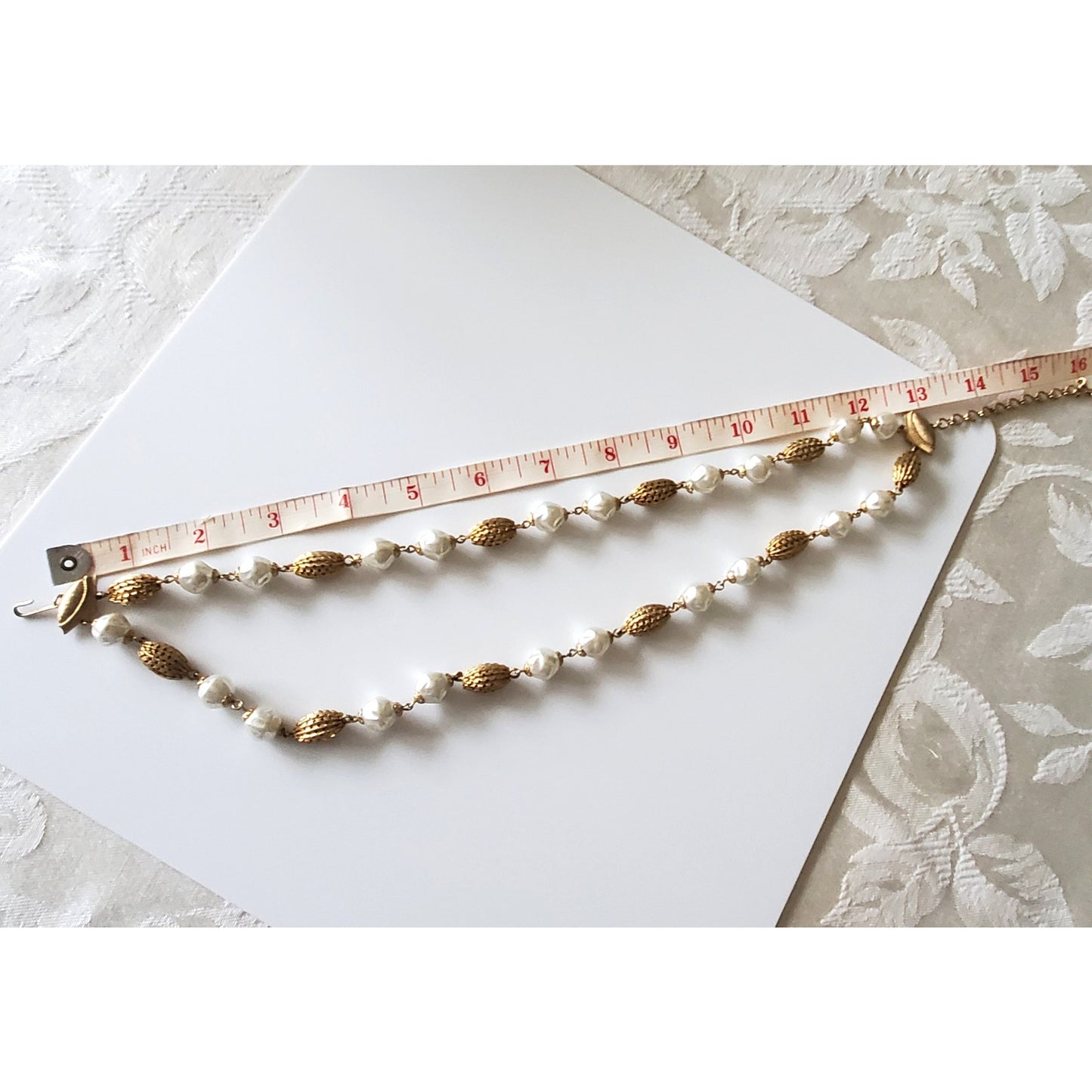 Vintage Double Strand Choker Faux Pearl and Gold Filigree Bead Necklace