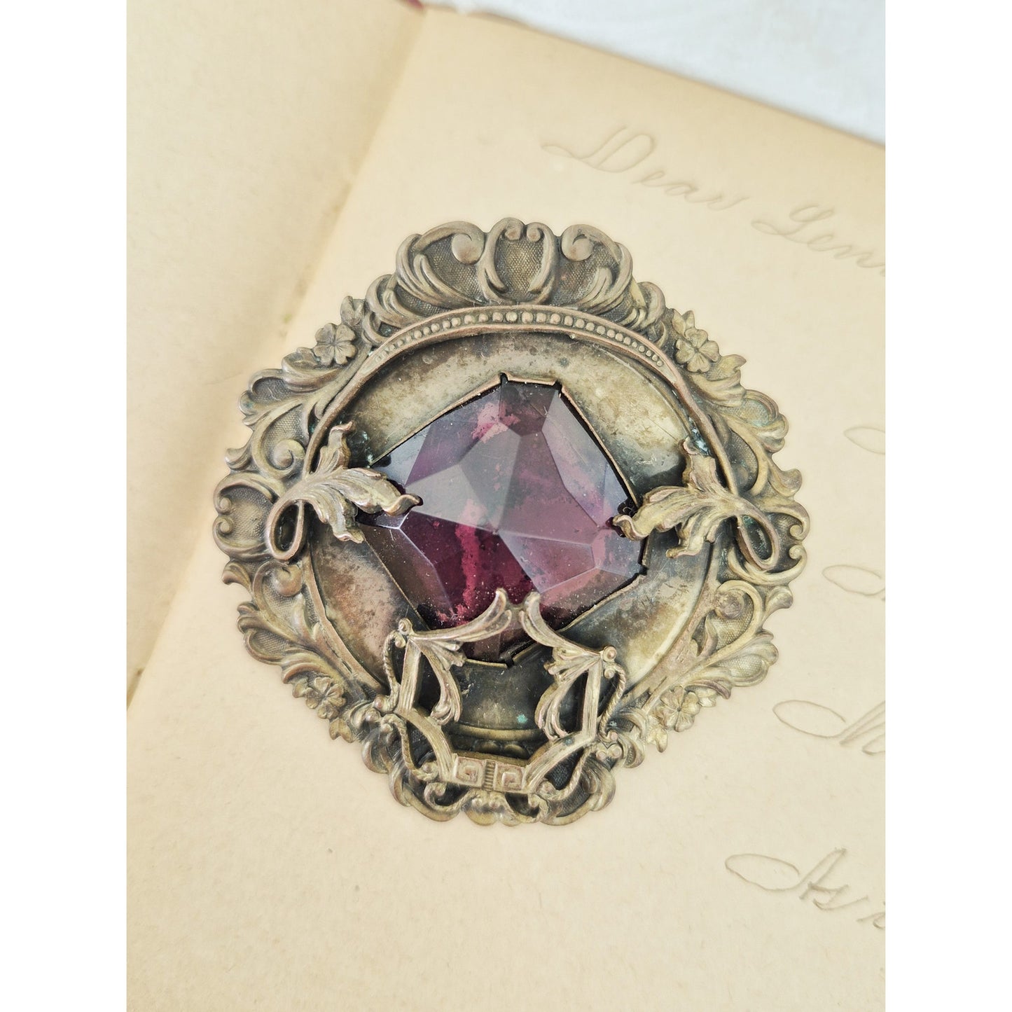 Antique Vintage Purple Stone Brass Sash Dress C-Clasp Pin