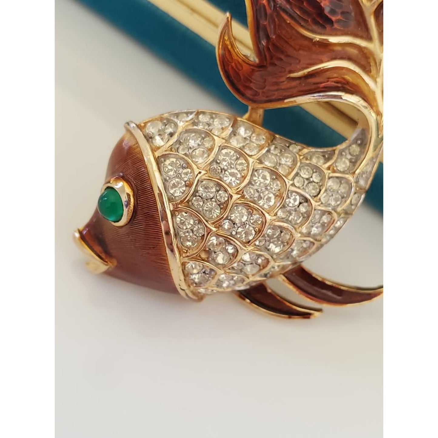 Vintage 1960s CROWN TRIFARI Signed Amber Enamel & Clear Crystal Rhinestone Gold Fish Brooch
