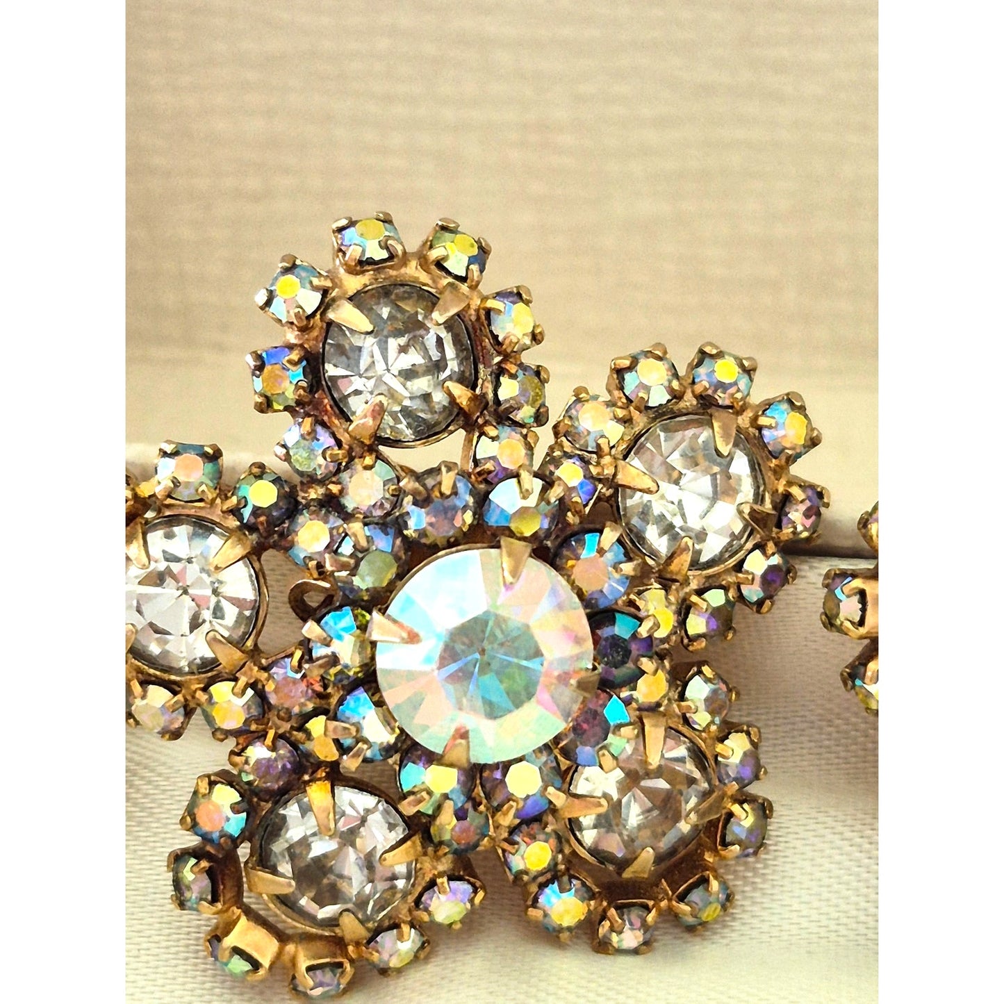 Vintage 1950s AB Rhinestone Flower Clip On Style Earrings