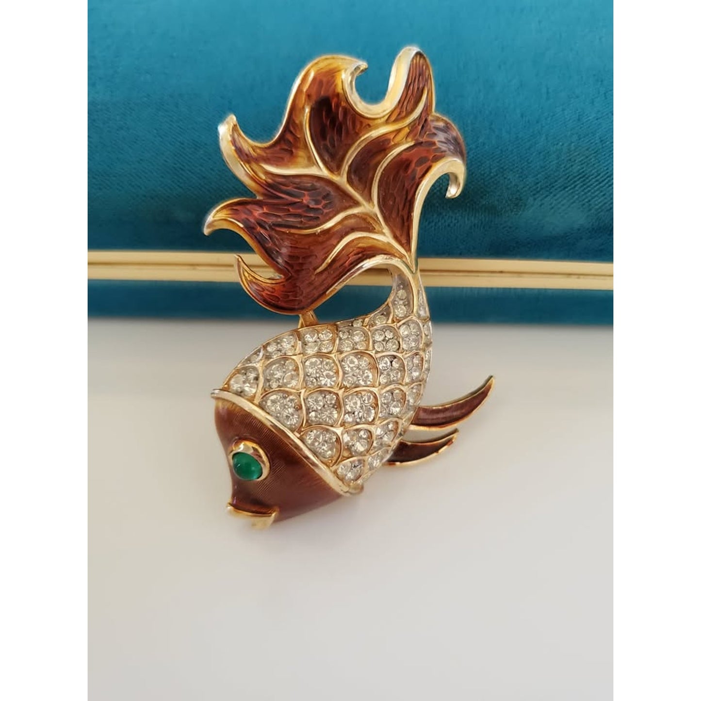 Vintage 1960s CROWN TRIFARI Signed Amber Enamel & Clear Crystal Rhinestone Gold Fish Brooch