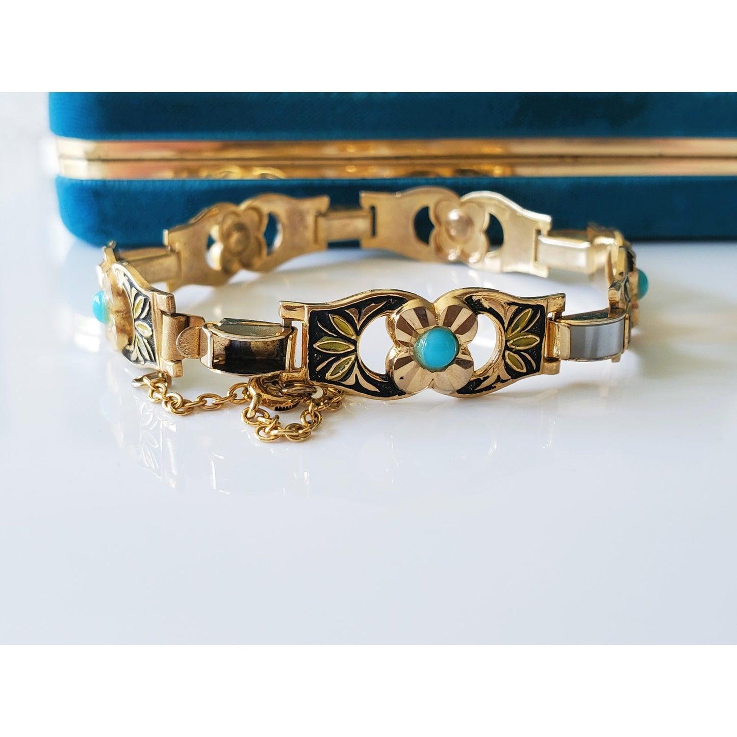 Vintage Damascene Faux Turquoise Bracelet