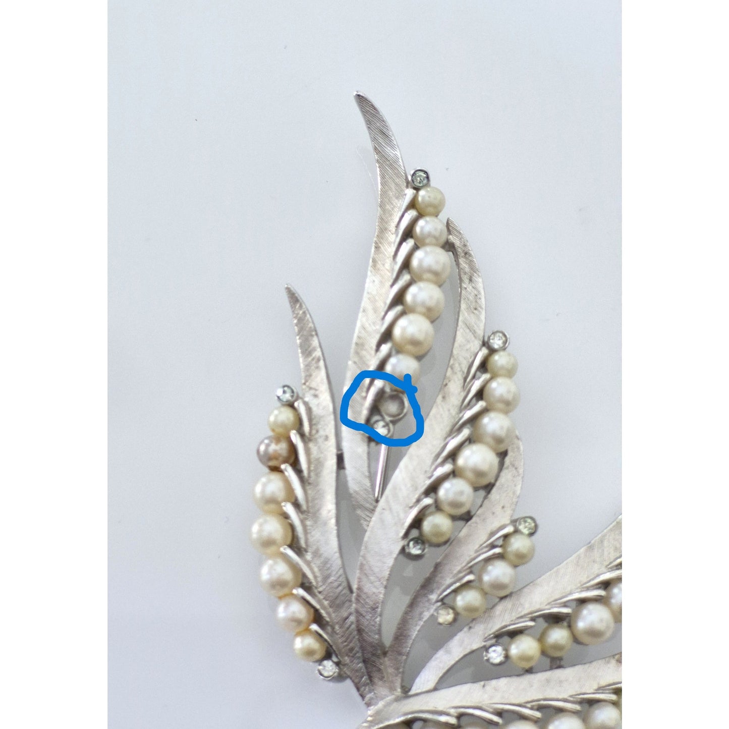 Vintage Crown Trifari 1960s Silver Tone Leaf with Faux Pearl Brooch
