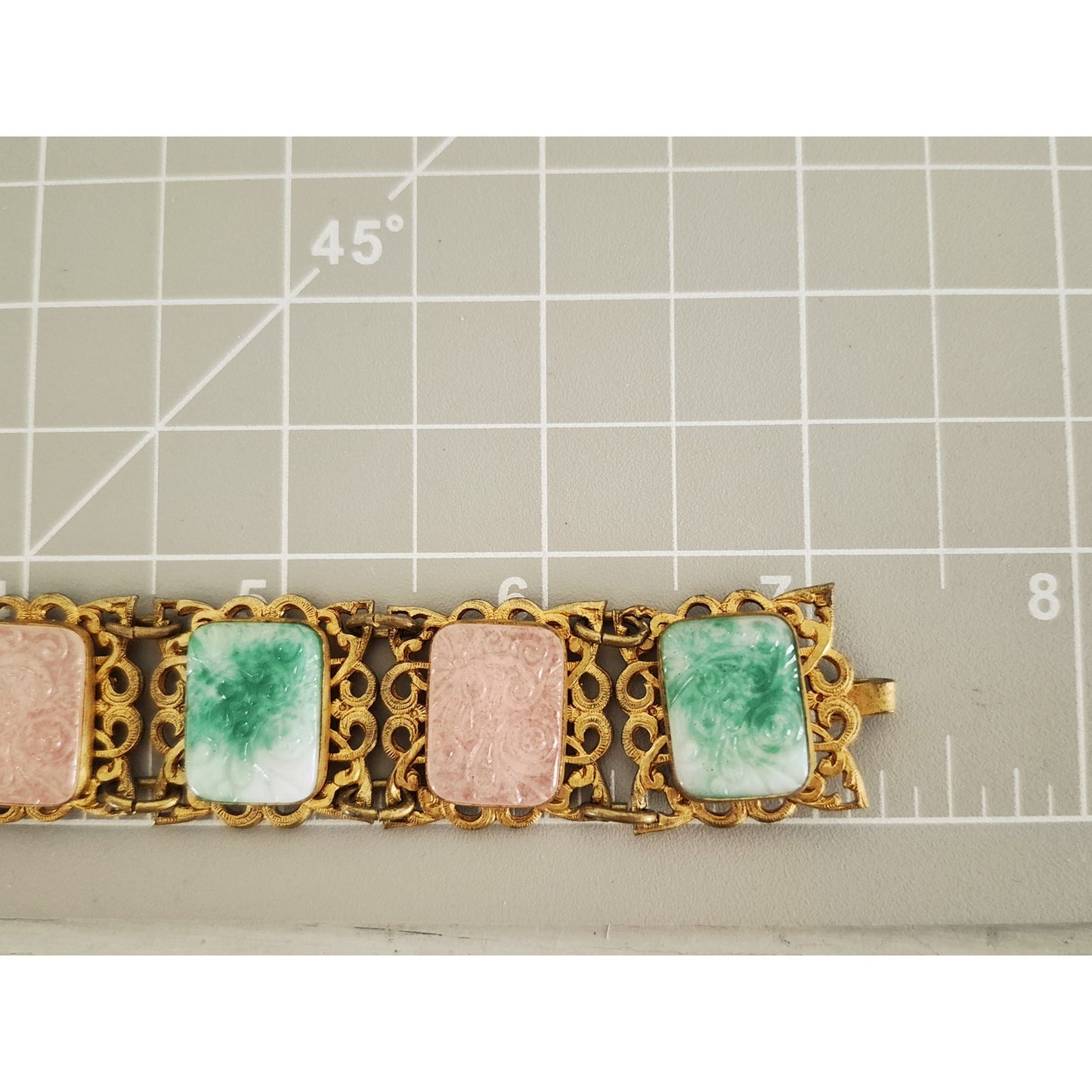 Vintage MCM Brass Faux Jade and Rose Quartz Filigree Panel Bracelet