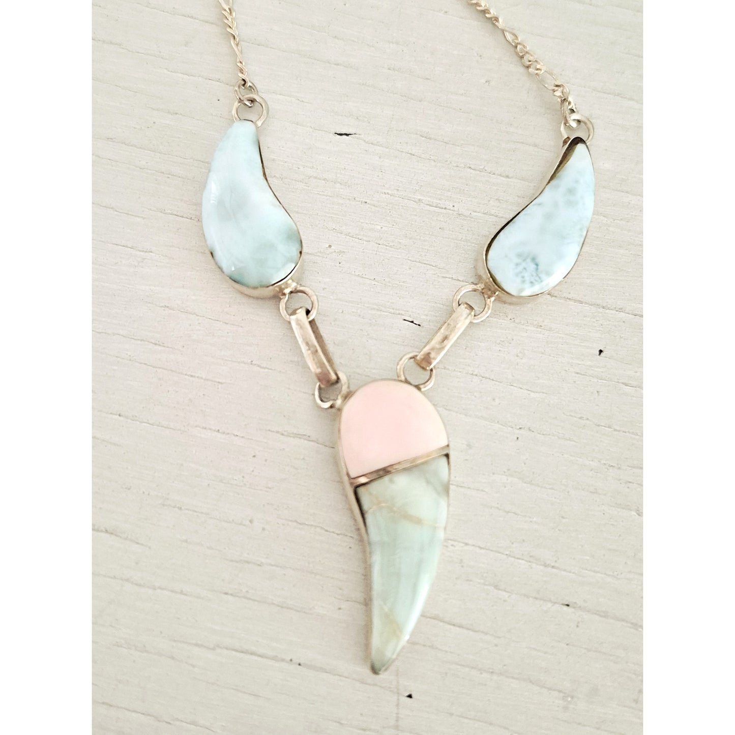 Vintage Larimar Pastel Stone Sterling Silver Figaro Choker Necklace