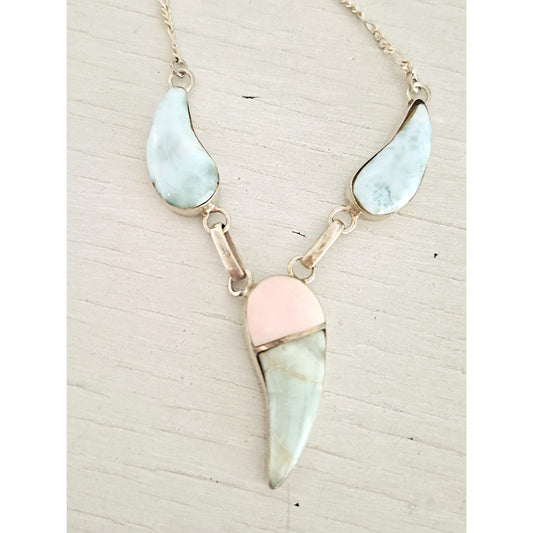 Vintage Larimar Pastel Stone Sterling Silver Figaro Choker Necklace
