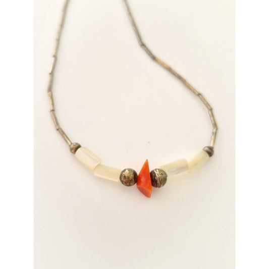 Vintage Sterling Silver Beaded Coral MOP Necklace