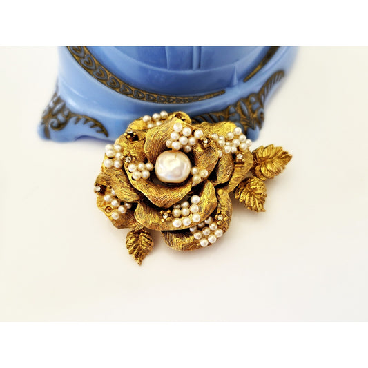 Vintage DeMario Gold Brushed Faux Pearls and Rhinestone Rose Brooch