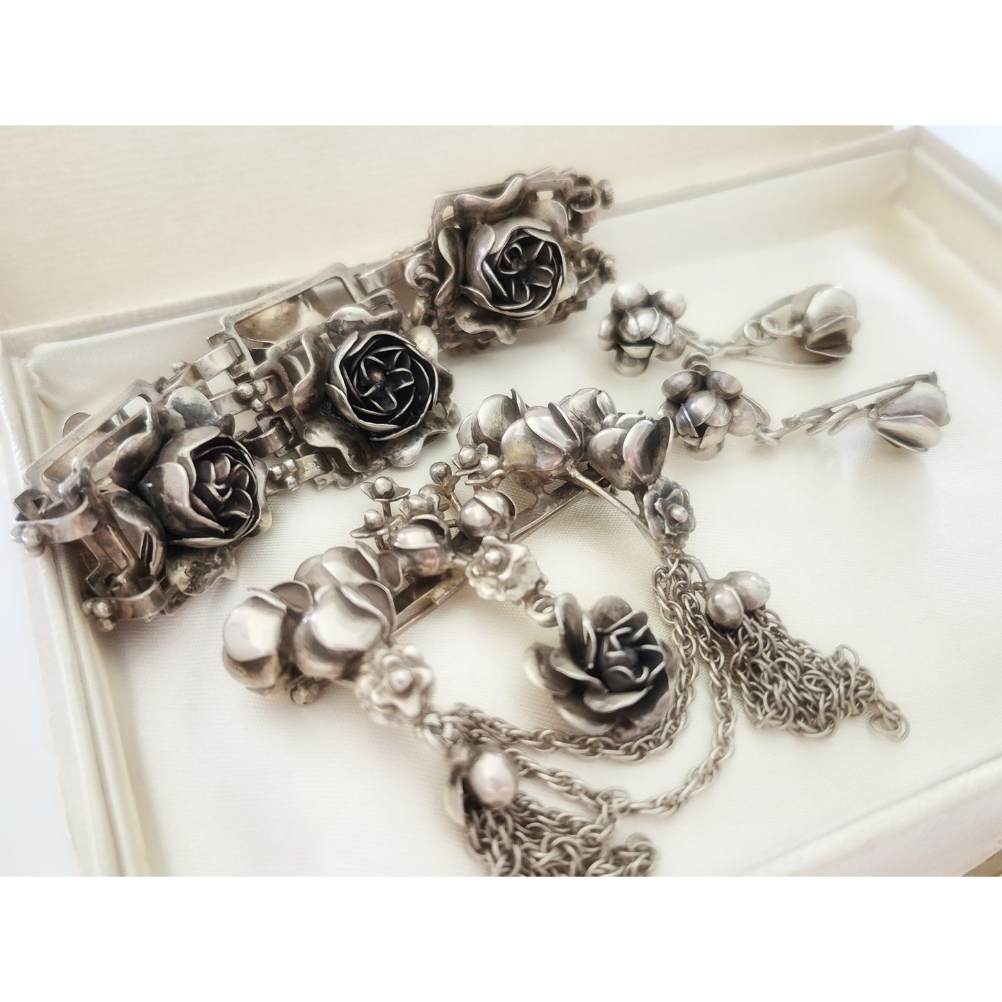 Vintage 1940s Sterling Hobe Rose Floral Bracelet Earring and Brooch Set