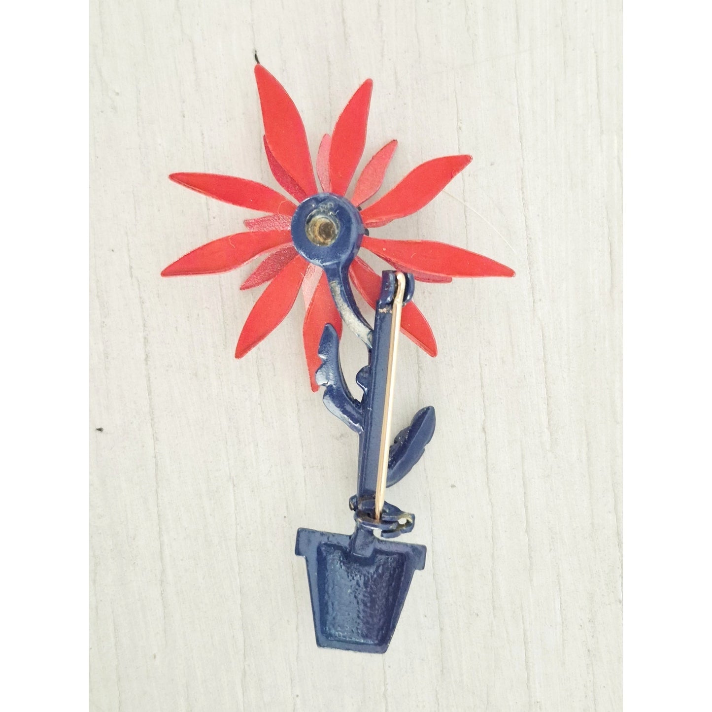 Vintage Hot Pink and Blue 1960s Enameled Flower Brooch