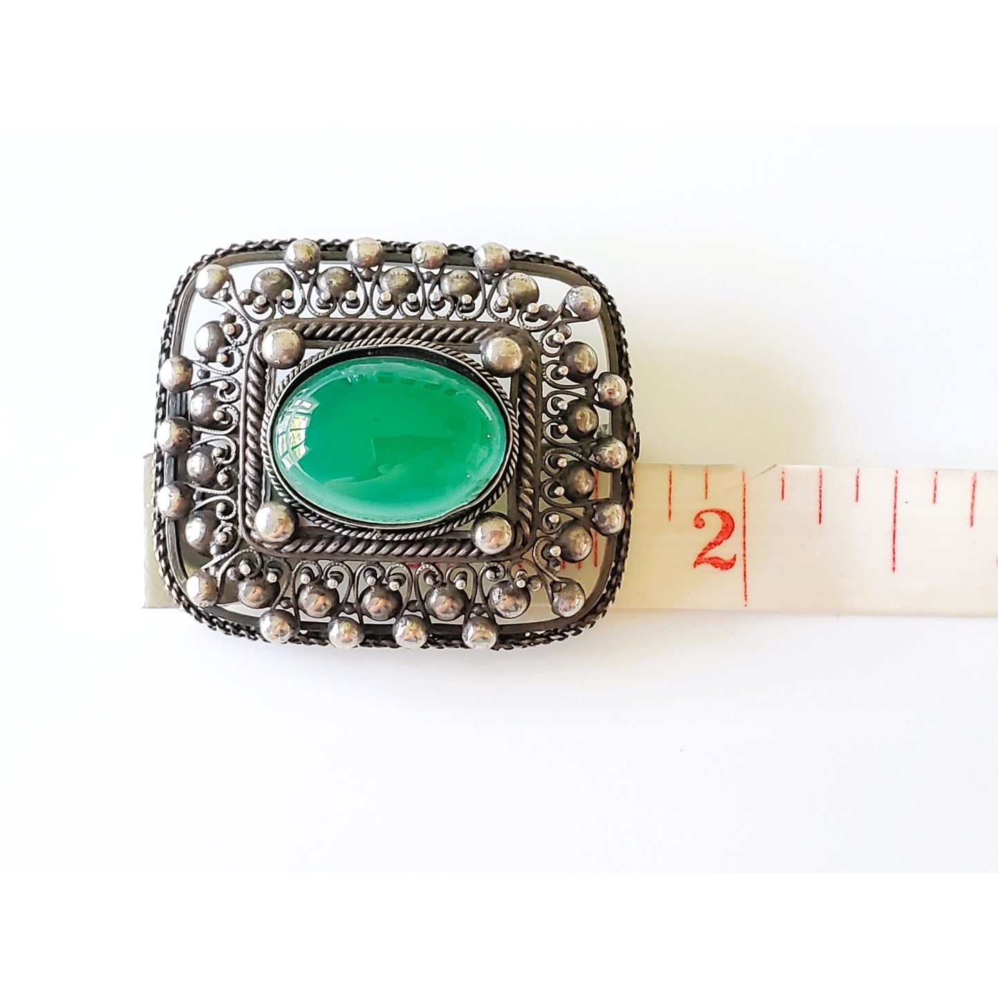 Vintage Green Carbochon Stone 800 Silver Brooch