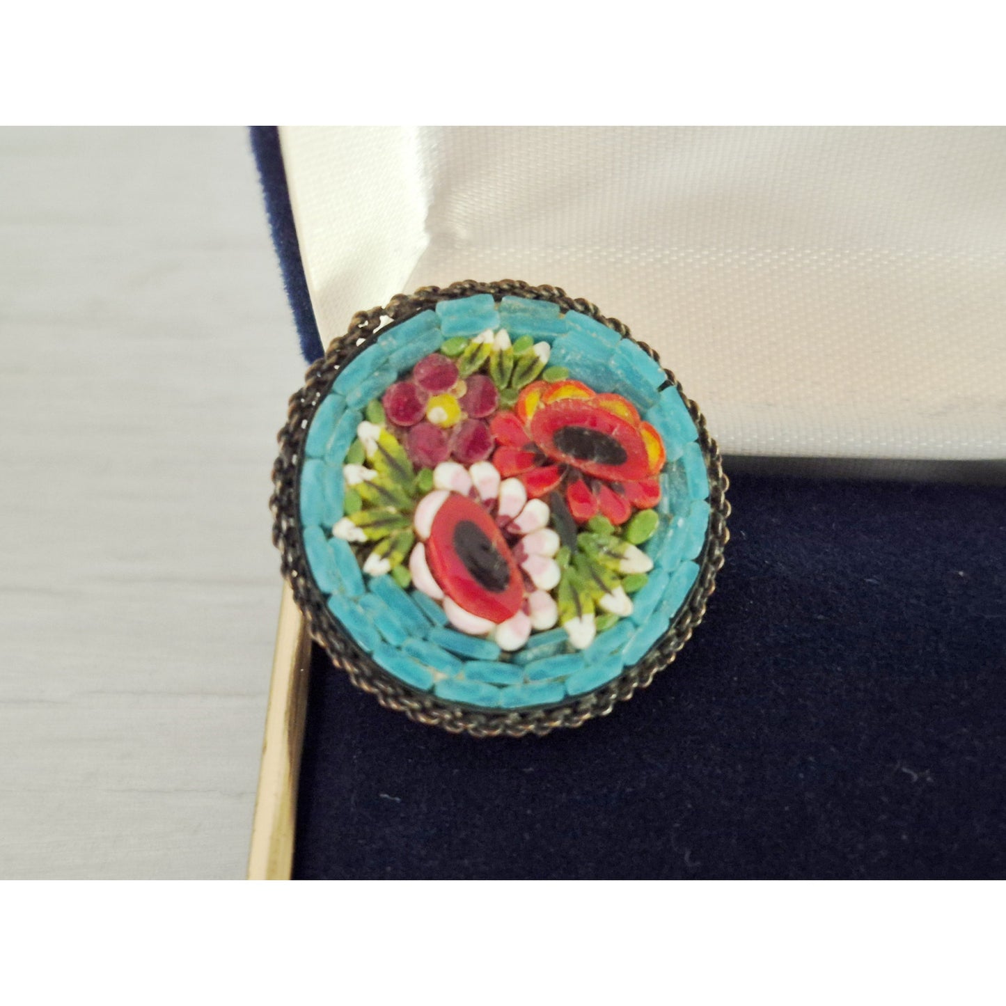 Vintage Round Made in Italy Mosaic Turquoise and Red Pin Brooch