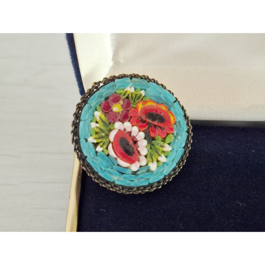 Vintage Round Made in Italy Mosaic Turquoise and Red Pin Brooch