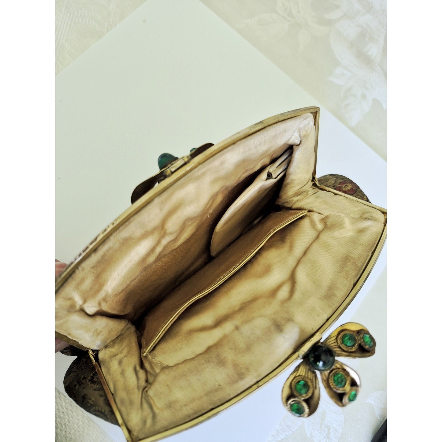 Vintage Antique 1930s Silk Brocade Hand Purse with Green Rhinestones